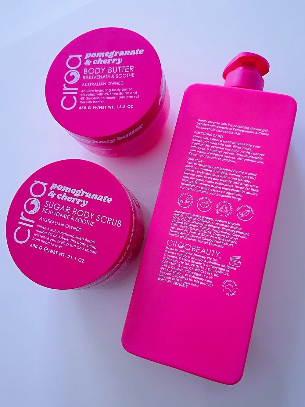 CIROA Pomegranate & Cherry Shower Gel Body Butter Scrub Set Pink NWT
